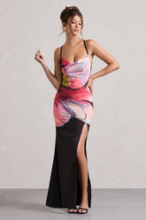 Black Floral Print Cowl-Neck Open-Back Split Maxi Dress